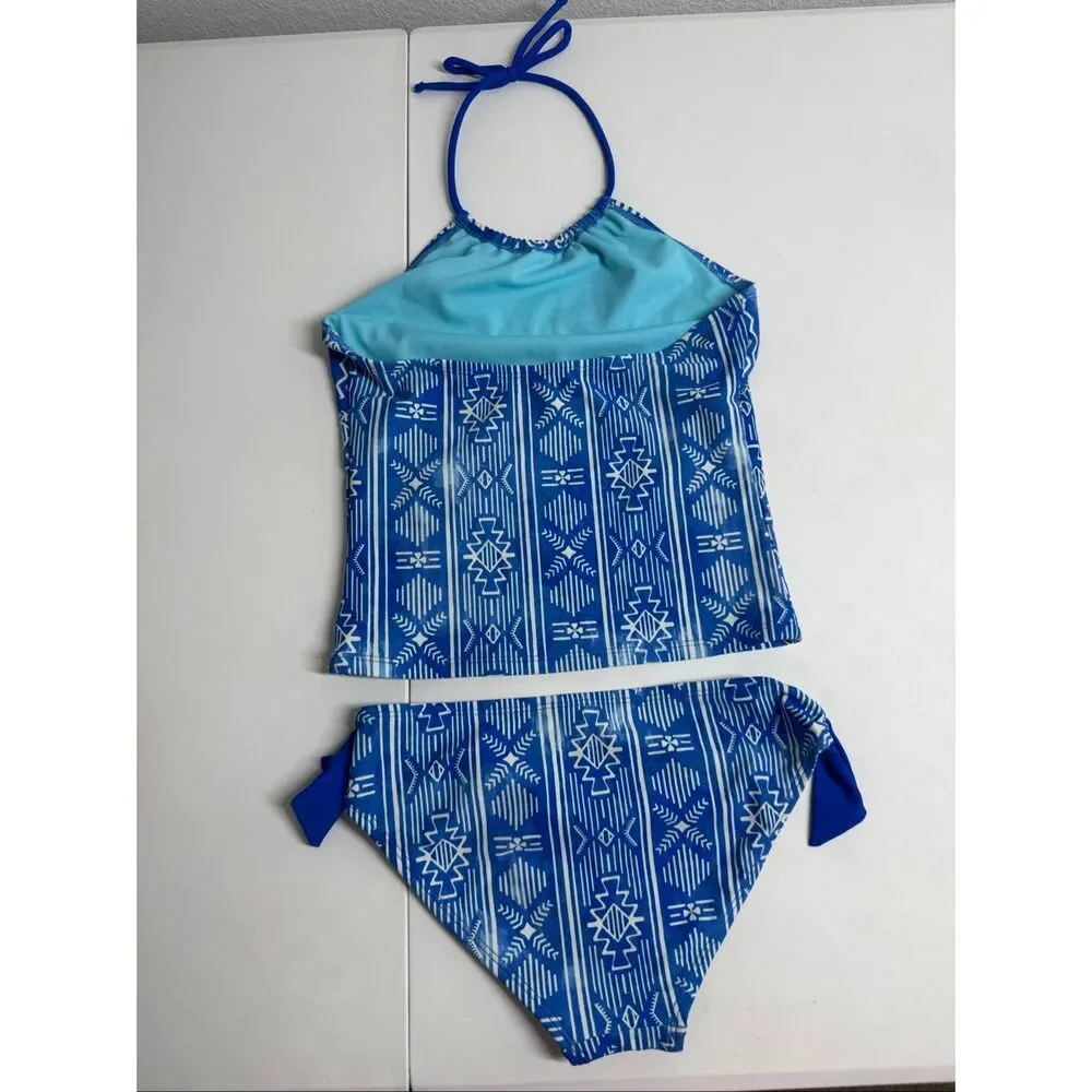 Breaking Waves Girls Size 10 Blue White Tankini Swimsuit 2 Piece UPF Beach Pool